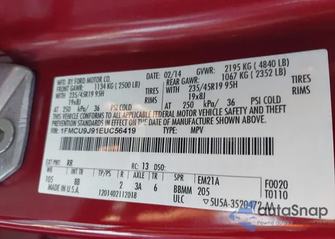 2014 Ford Escape Titanium z USA, uszkodzony, nr VIN 1FMCU9J91EUC56419